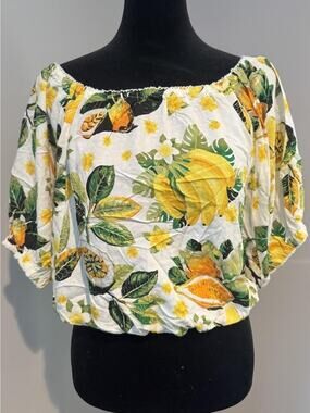 Tropical Crop Blouse Sz M Lemon Fruit Off Shoulder Top Resort Vacation Boho
